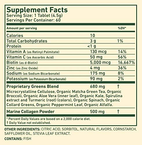 8Greens Skin + Marine Collagen for Beautiful Skin - Effervescent Super Greens Dietary Supplement - 8 Essential Healthy Real Greens in One (10 Tablets)