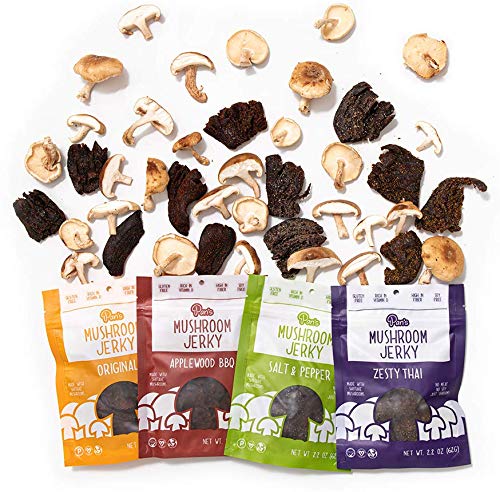 Pan’s Mushroom Jerky - Shiitake Mushroom Jerky, Plant Based, Vegan, 4 Flavor Variety Pack (Original, Zesty Thai, Salt & Pepper, Applewood BBQ) 2.2 Ounces