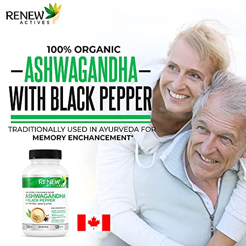 Renew Actives Organic ASHWAGANDHA Capsules: 1300 Mg of Ashwagandha with 10 Mg of Black Pepper - Powerful Herbal Supplement Traditionally Used to Support Sleep - 120 Veggie Supplements. Non-GMO
