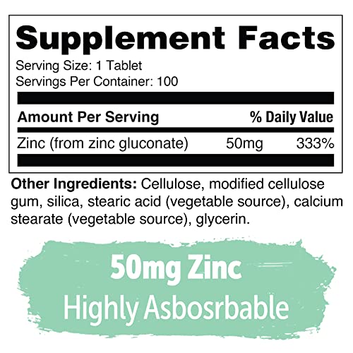 Yuve Natural Vegan Zinc Supplements 50mg, Immune Support, Fast Relief from Colds and Flu, Acne Free Skin, Healthy Hormone Levels, Non-GMO, Gluten & Sugar Free - 100 Vegetarian Tablets