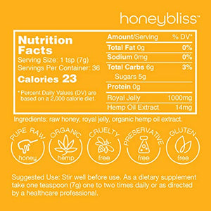 Honeybliss – Raw Clover Honey with Royal Jelly and 500mg Hemp Extract - 9oz Glass Jar | 100% Pure, Unfiltered Raw Honey Infused with Organic Hemp Oil Extract and Premium Royal Jelly