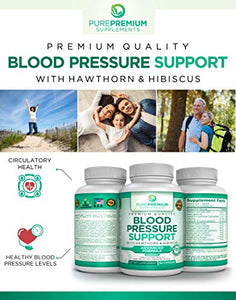 Premium Blood Pressure Support Supplement by PurePremium with Hawthorn & Hibiscus - Supports Cardiovascular & Circulatory Health - Vitamins & Herbs Promote Heart Health - 90 Caps