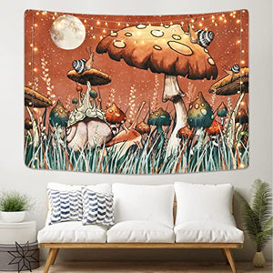 Trippy Mushroom Tapestry Moon and Stars Tapestry Snail Tapestry Plants and Leaves Tapestries Fantasy Fairy Tale Tapestry Wall Hanging for Room(51.2 x 59.1 inches)