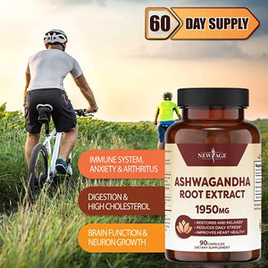 Ashwagandha 1950mg (2 Pack) - Ashwagandha Root Powder with BioPerine. Mood Support Supplement - 180 Veggie Capsules - New Age