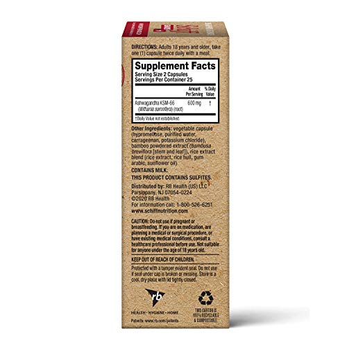 Schiff Ashwagandha Extract Capsules, (50 count in a bottle), Vegetarian, Non-GMO, Gluten-Free, No Colors Added, Helps Manage Feelings of Everyday Stress and Support Healthy Stress Hormone Levels*,ǂ