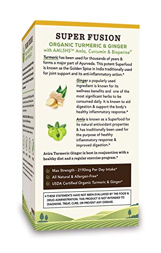 Avira Organic Turmeric Ginger Super Fusion with Curcumin & Bioperine, Digestive Health, Joint & Immune Support, Enhanced Absorption, Non-GMO, Max Strength-2190mg Per Day Intake, Yellow, 90 Count