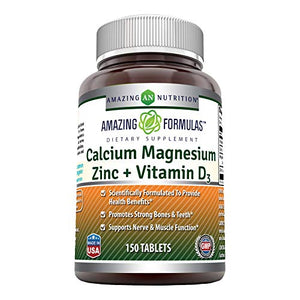 Amazing Formulas Calcium Magnesium Zinc + D3-Tablets (Non-GMO,Gluten Free) (Calcium 1000mg - Magnesium 400mg - Zinc 25mg Plus Vitamin D3 600 IU - Per Serving of 3 Tablets) (150 Count)