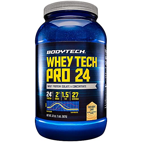 BodyTech Whey Tech Pro 24 Protein Powder Protein Enzyme Blend with BCAA's to Fuel Muscle Growth Recovery, Ideal for PostWorkout Muscle Building Birthday Cake (2 Pound)