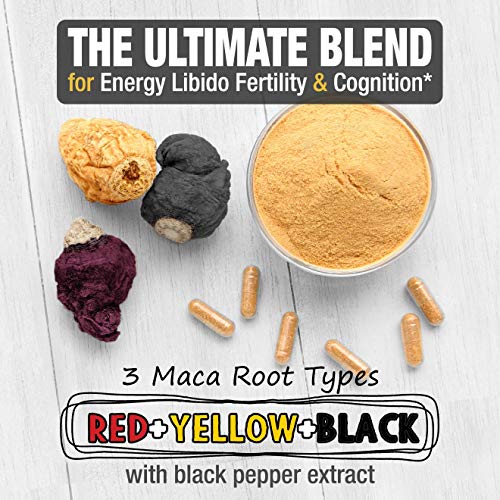 Strong Organic Maca Capsules, Black, Yellow & Red Root w/ Black Pepper Extract for Absorption, Roots Grown in Peru, Peruvian Powder, Men & Women Supplement, 60,000 mg