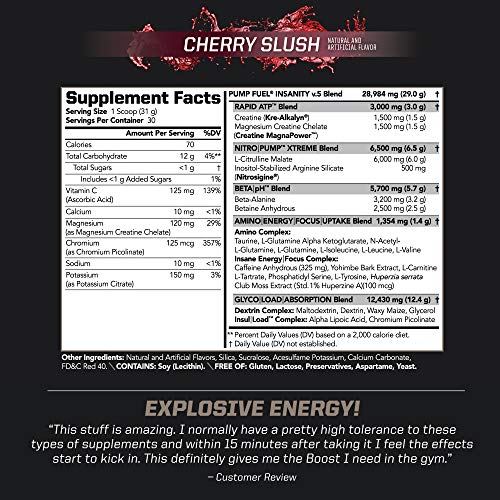 PMD Sports Ultra Pump Fuel Insanity - Pre Workout Drink Mix for Energy, Strength, Endurance, Muscle Pumps and Recovery - Complex Carbohydrates and Amino Energy - Cherry Slush (30 Servings)