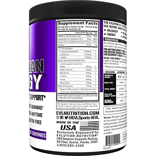 Evlution Nutrition BCAA Lean Energy - Essential BCAA Amino Acids + Vitamin C, Fat Burning & Natural Energy, Performance, Immune Support, Lean Muscle, Recovery, Pre Workout, 30 Serve, Furious Grape