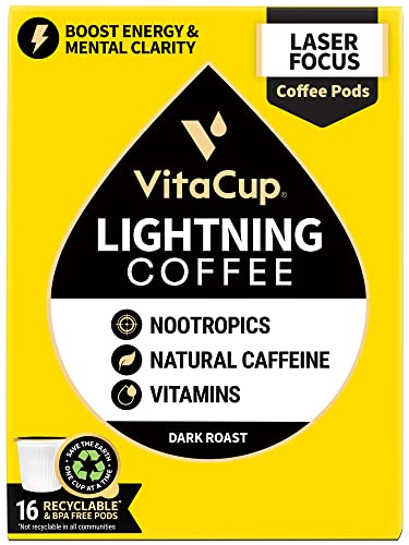 VitaCup Lightning Coffee Pods, Enhance Memory & Focus with 2X Caffeine, Nootropics, B Vitamins, D3, Extra Strong Dark Roast Coffee, Recyclable Single Serve Pod Compatible w/ Keurig K-Cup Brewers,16 Ct