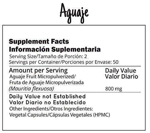 Amazon Andes - Aguaje Capsules - 100 Pills - Buriti - 100 % Natural - Non GMO - Vegan - Wild Harvested in Peru