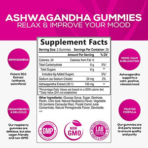 Ashwagandha Gummies - Relax, Calm, Unwind with Potent Mood & Stress Support Vitamins - Vegan Friendly, Non-GMO, Plant-Pectin Based - Delicious Raspberry Flavor Chews for Women & Men - 60 Gummies