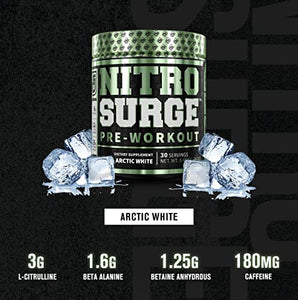 NITROSURGE Pre Workout Supplement - Endless Energy, Instant Strength Gains, Clear Focus, Intense Pumps - Nitric Oxide Booster & Powerful Preworkout Energy Powder - 30 Servings, Arctic White