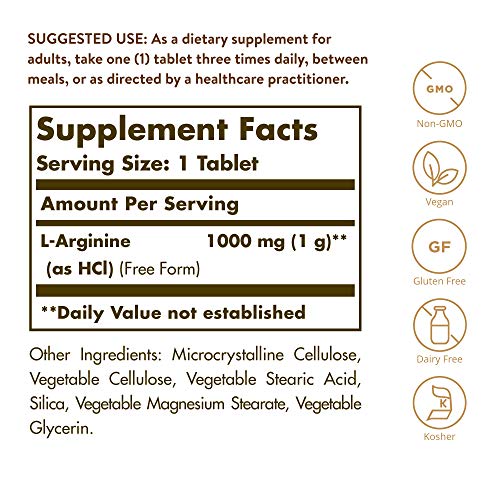 Solgar L-Arginine 1000 mg, 90 Tablets - Supports Blood Flow & Heart Health - Nitric Oxide Stimulator - Supports Active Lifestyles - Non-GMO, Vegan, Gluten Free, Dairy Free, Kosher - 90 Servings