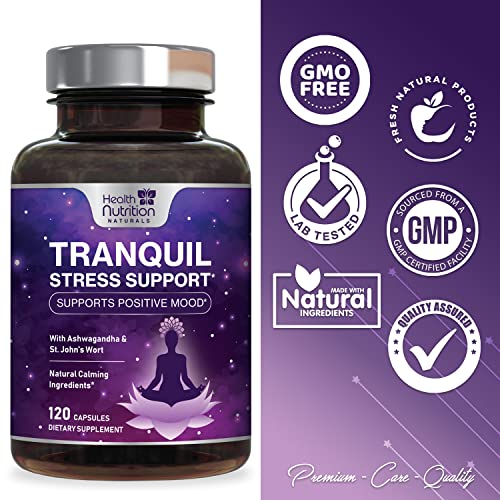 Stress Support Supplement 1000mg, Natural Herbal Formula for Calm, Positive Mood, Relaxation - Made in USA - with Ashwagandha, Niacin, L-Theanine, Rhodiola Rosea, 5-Htp - 120 Capsules