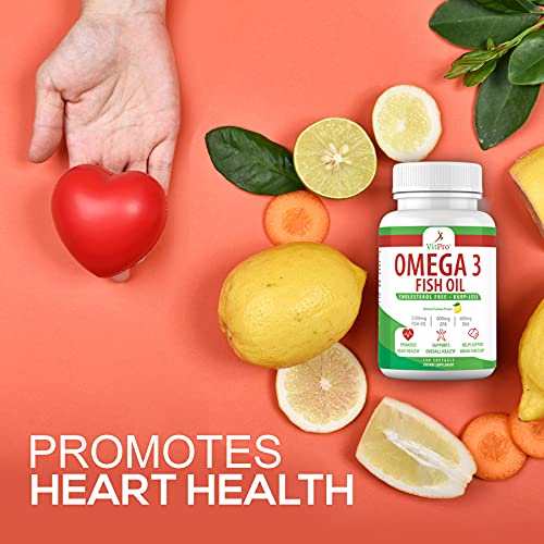 Triple Strength Omega 3 Fish Oil - 2500mg with EPA and DHA, Cholesterol Free, Burp-Less, Joint Support, Promotes Brain & Heart Health, Non-GMO, Natural Lemon Flavor - 180 Softgels | VitPro
