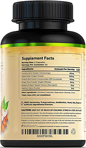 Turmeric Curcumin Supplement with Ginger & Apple Cider Vinegar, BioPerine Black Pepper, Tumeric & Ginger, 95% Curcuminoids & Joint Supplement, Antioxidant Tumeric Supplements Capsules, Nature's Base