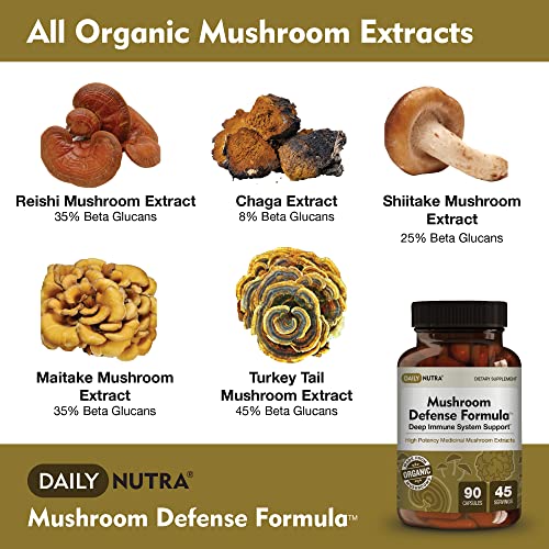 Mushroom Defense Formula by DailyNutra - Immune Support Supplement | Organic Mushrooms, Hot Water Extracted - Reishi, Chaga, Maitake, Shiitake & Turkey Tail (90 Capsules)