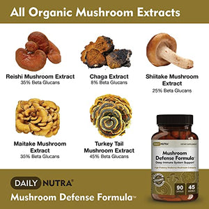 Mushroom Defense Formula by DailyNutra - Immune Support Supplement | Organic Mushrooms, Hot Water Extracted - Reishi, Chaga, Maitake, Shiitake & Turkey Tail (3-Pack)