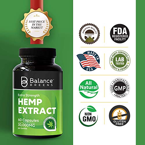 Balance Breens Hemp Extract Capsules 30,000 mg per Bottle- Natural Dietary Supplement for Pain, Stress & Anxiety Relief, Immune Support- Rich in Omega 3-6-9 Fatty Acids - 60 Capsules (1)