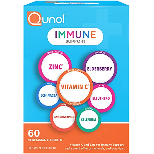 Qunol Immune Support, Vegetarian Capsules, 7 in 1 Immunity Defense Booster Supplement, Vitamin C, Zinc, Elderberry, Echinacea, Selenium, Eleuthero and Andrographis, 60 Count