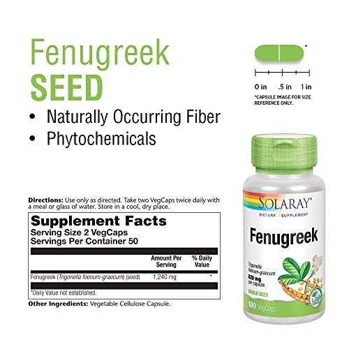Solaray Fenugreek Seed 1240 mg | Healthy Digestion & Stomach Comfort, Blood Sugar & Lactation Support | 100ct, 50 Serv.