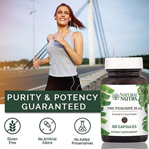 Natural Nutra Zinc Picolinate 30 mg, Double Strength, Raw and Pure, Highly Bioavailable Supplement for Growth, Immune and Thyroid Support, 100 Capsules