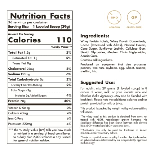 Solgar Grass Fed Whey to Go Protein Powder Chocolate, 2.3 lb - 20g of Grass-Fed Protein from New Zealand cows - Great Tasting & Mixes Easily - Supports Strength & Recovery - Non-GMO, 36 servings