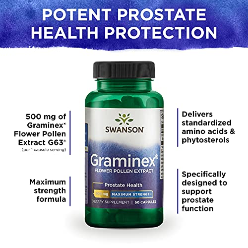Swanson Maximum Strength Graminex Flower Pollen Extract - Supports Prostate Health, Urinary Tract Function, and Kidney Health - Mens Health Supplement - (60 Capsules, 500mg Each)