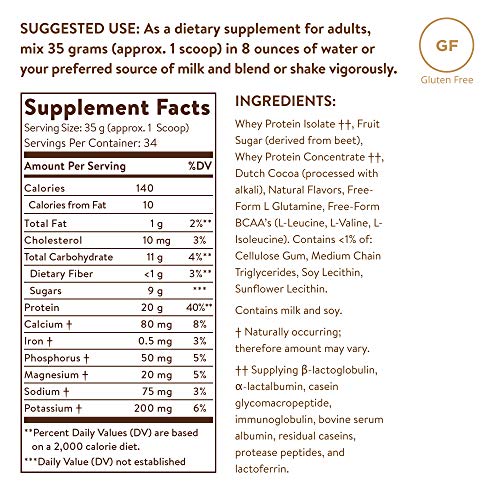 Whey To Go Protein Powder Natural Chocolate Cocoa Bean Flavor By Solgar - 41 oz