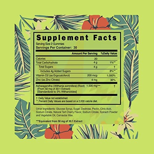 Ashwagandha Gummies by Paradise Naturals - Women Men 1500mg Natural Stress Relief Calm Recovery Gummy - Vitamin D Plus Zinc Immune Supplements - Sleep and Mood Support - De-Stress & Calming Energy