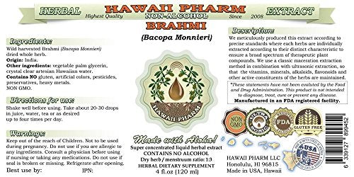 Brahmi Alcohol-Free Liquid Extract, Organic Brahmi Liquid (Bacopa Monnieri) Whole Herb Dried Glycerite Hawaii Pharm Natural Herbal Supplement 2x2 oz