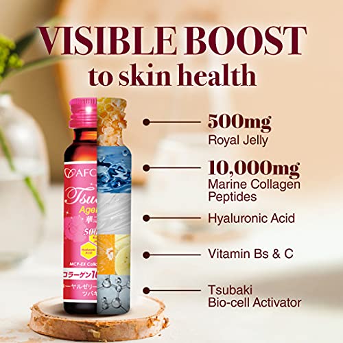 AFC Japan Tsubaki Ageless Beauty Collagen Drink from Japan with 10,000mg Marine Collagen Peptides + 500mg Royal Jelly + Hyaluronic Acid + Vitamin Bs & C for Skin Revitalization (1.69fl.ozx10 Bottles)