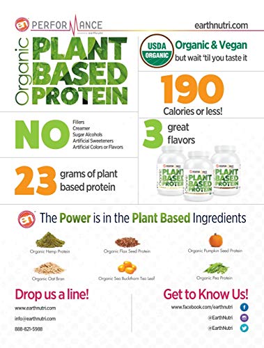 EarthNutri Organic Plant Based Protein Caramel Coffee Certified Organic Plant Sources, PANMOL B Complex, Quinoa Sprouts, Pea Protein, Hemp Protein, Oat Bran, Flax Seed Protein 31.49 oz