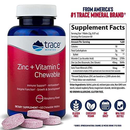 Trace Minerals Zinc + Vitamin C Chewable| Immune Booster | Antioxidant | Growth and Development | Enzyme Function | Gluten Free | Raspberry Flavor | 60 Chewables