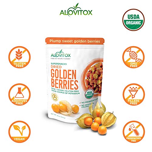 Alovitox Organic Sun Dried Golden Berries 16 Oz - Raw, Vegan, Gluten Free Super Snack High in Protein, Dietary Fiber, Vitamin A & C - Incan Gooseberries for Eating, Trail Mix, Smoothies and Salads