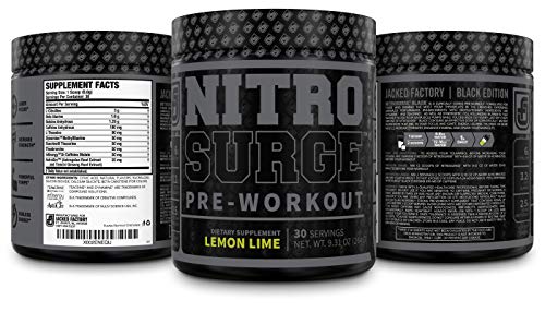 NITROSURGE Black Pre Workout Supplement - Nootropic Energy Booster Powder w/Dynamine & TeaCrine - PreWorkout Nitric Oxide Booster - 30 Servings, Lemon Lime