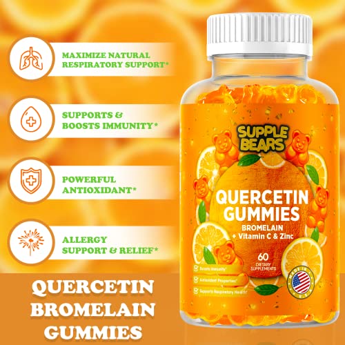 Supplebears Quercetin with Bromelain Gummies - Vitamin C + Zinc & Vitamin D3 – Extra Strength Immune Support Booster for Kids and Adults - 60 Quercetin Gummies - Made in The USA
