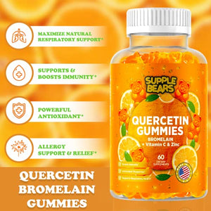 Supplebears Quercetin with Bromelain Gummies - Vitamin C + Zinc & Vitamin D3 – Extra Strength Immune Support Booster for Kids and Adults - 60 Quercetin Gummies - Made in The USA