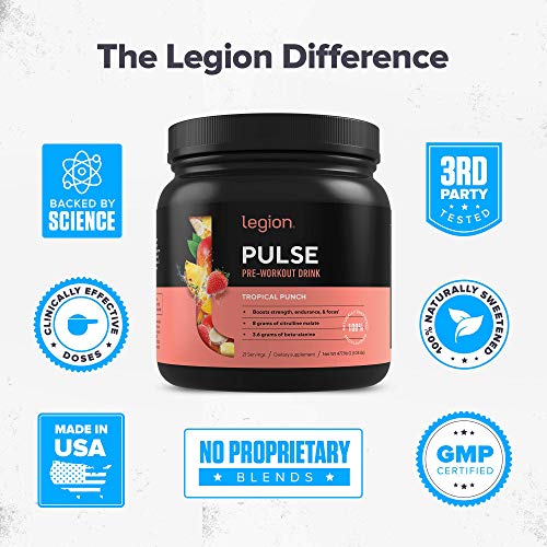 Legion Pulse Pre Workout Supplement - All Natural Nitric Oxide Preworkout Drink to Boost Energy, Creatine Free, Naturally Sweetened, Beta Alanine, Citrulline, Alpha GPC (Tropical Punch) 21 Servings