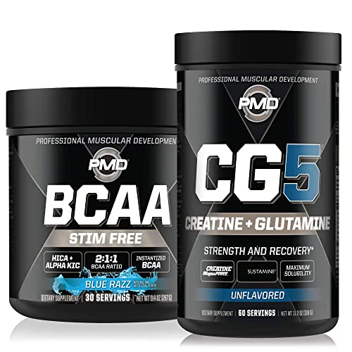 PMD Sports CG5 - Premium Creatine and L-Glutamine Powder (60 Servings) & PMD Sports BCAA Stim Free Amino Acids for Enhanced Recovery – Blue Razz (30 Servings)