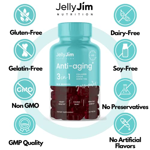 JELLY JIM NUTRITION Anti Aging 3-in-1 Gummy Supplements with Collagen, CoQ10, and Horsetail Extract, for Skin Rejuvenation and Increased Hair and Nail Growth, for Men and Women, 2 Month Supply
