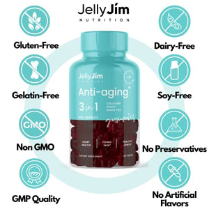 JELLY JIM NUTRITION Anti Aging 3-in-1 Gummy Supplements with Collagen, CoQ10, and Horsetail Extract, for Skin Rejuvenation and Increased Hair and Nail Growth, for Men and Women, 2 Month Supply