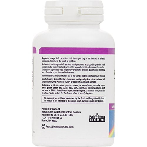 Stress-Relax Suntheanine L-Theanine 125 mg by Natural Factors, Non-Drowsy Stress Support for Mental Calmness and Relaxation, 60 capsules (30 servings)