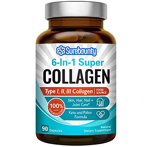 Surebounty 6-in-1 Super Collagen, Food Source Type I, II, III, Exclusive Formula, Turmeric + Black Pepper + Vitamin C + Hyaluronic Acid + Biotin, Keto & Paleo, No Hormone, No Sugar, Anti-Aging, 90 ct