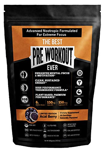 The Best Pre Workout Ever All Natural Nootropic Preworkout Powder - Clean Energy Boost Focus & Strength - Muscle Builder Supplement for Men & Women - Keto Friendly Plant Based & Limited Acai Berry