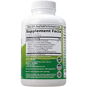 All 5 Multi-Collagen Capsules by Peak Performance. 90 Pills of Grass Fed Collagen Peptides Protein. with All 5 Collagen Types I, II, III,V, X. Grass Fed Beef, Fish, Chicken, Bone Broth Supplement