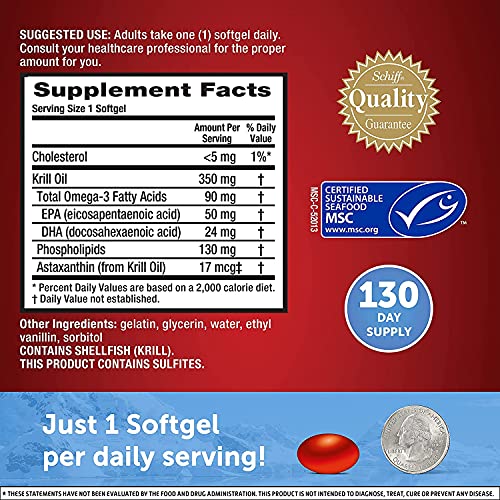 Antarctic Krill Oil 350mg Omega 3 Fatty Acid Supplement, MegaRed EPA & DHA Krill Oil Softgels (130cnt box), Phopholipids, Antioxidant Astaxanthin, Heart Health Supplement With No Fish Oil Aftertaste